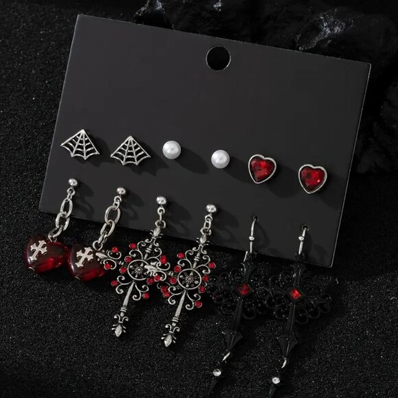 NEW 6 Pairs Gothic Earrings Set, Goth Spider Web Red Accents Punk Jewelry, Cross - Picture 2 of 2